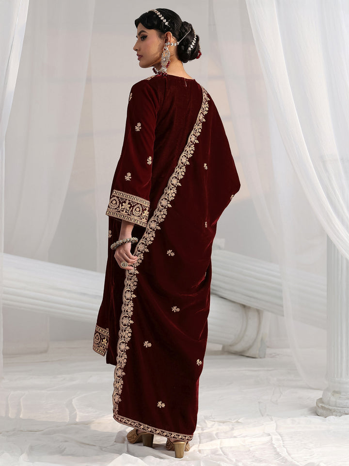Libas Maroon Floral Embroidered Velvet Straight Suit Set
