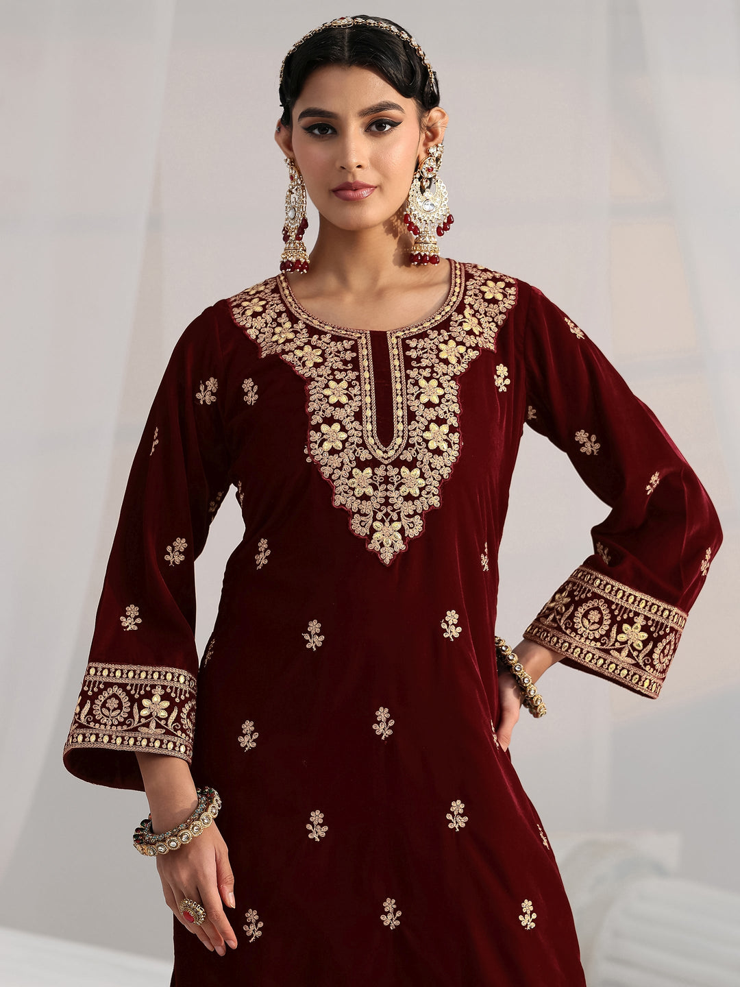 Libas Maroon Floral Embroidered Velvet Straight Suit Set