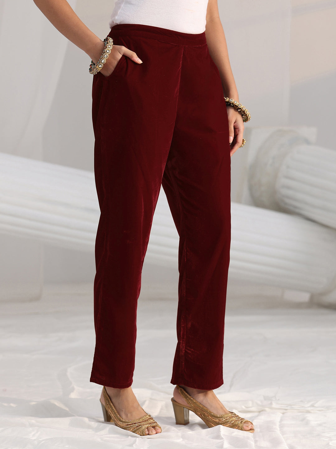Libas Maroon Floral Embroidered Velvet Straight Suit Set