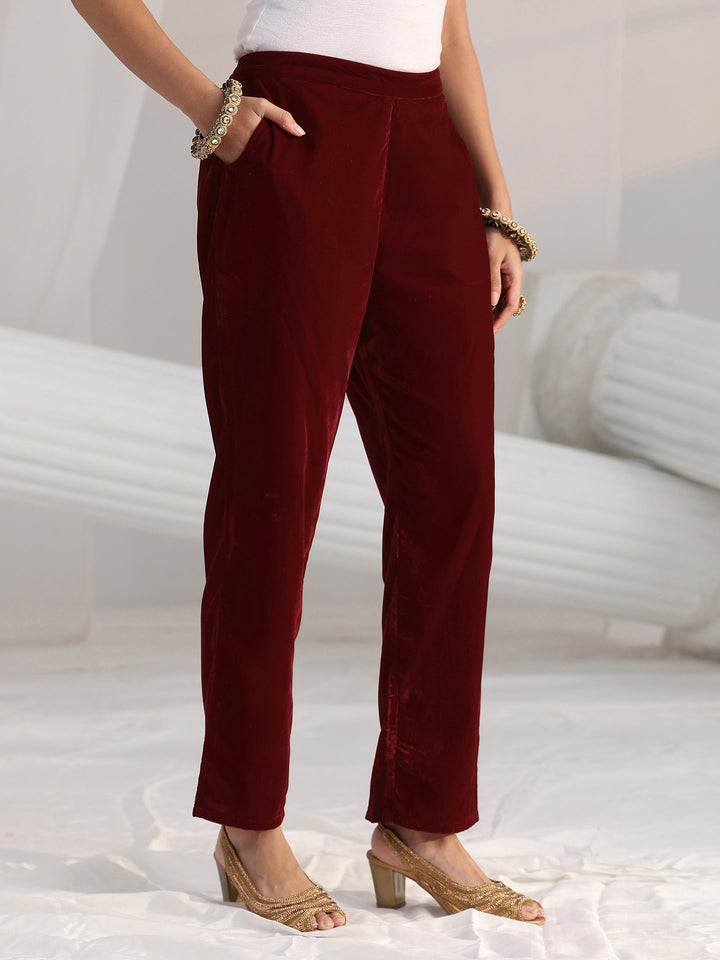 Libas Maroon Floral Embroidered Velvet Straight Suit Set