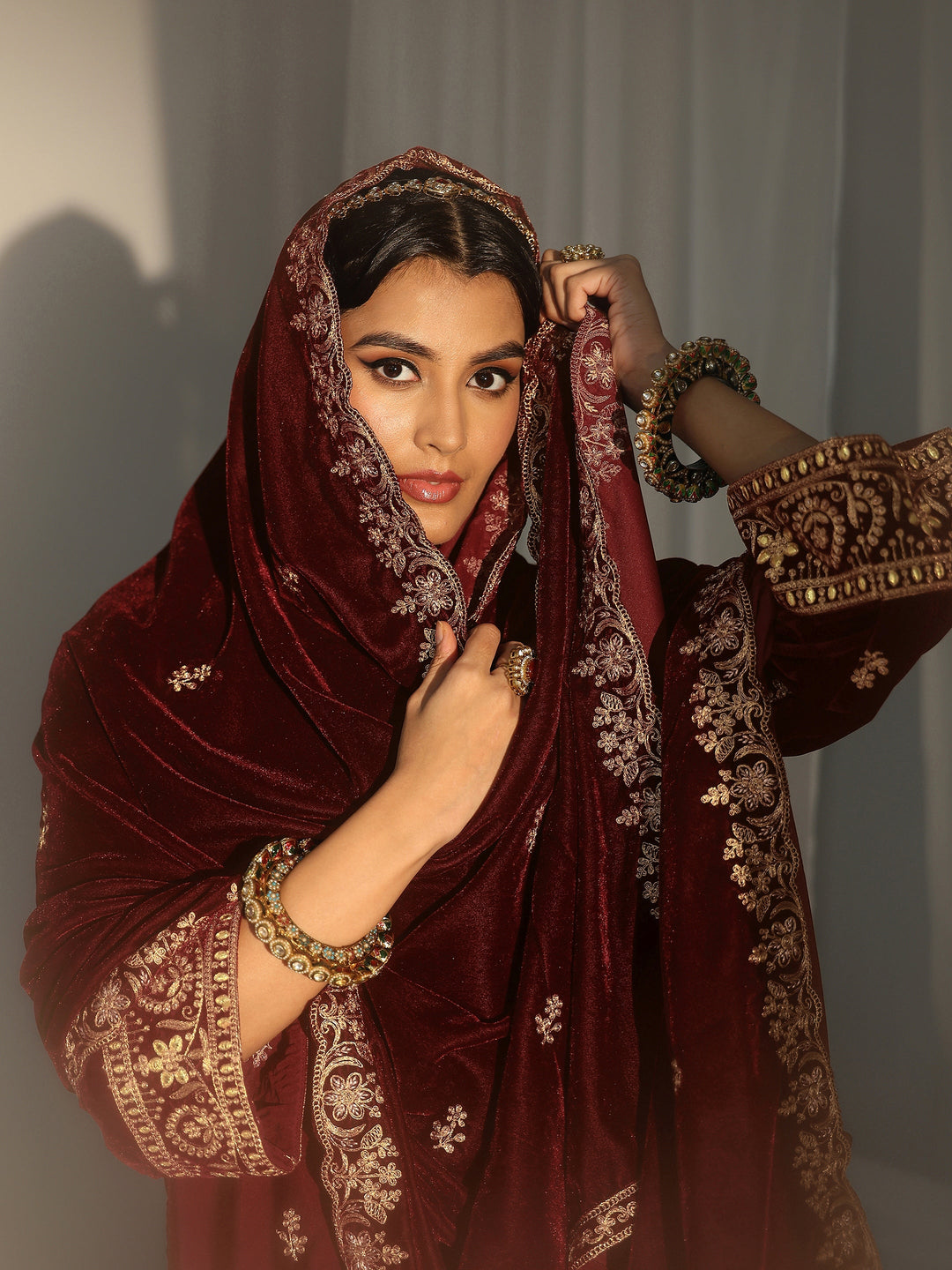 Libas Maroon Floral Embroidered Velvet Straight Suit Set
