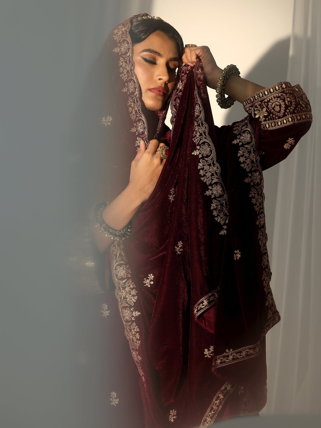 Libas Maroon Floral Embroidered Velvet Straight Suit Set