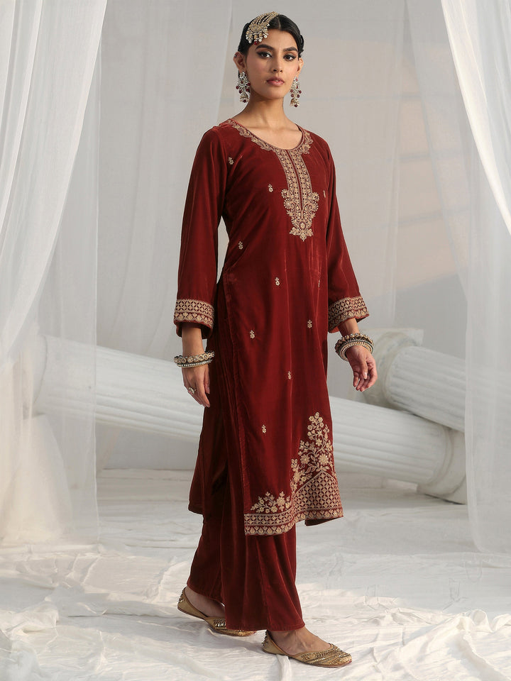 Libas Rust Brown Floral Embroidered Velvet Straight Suit Set