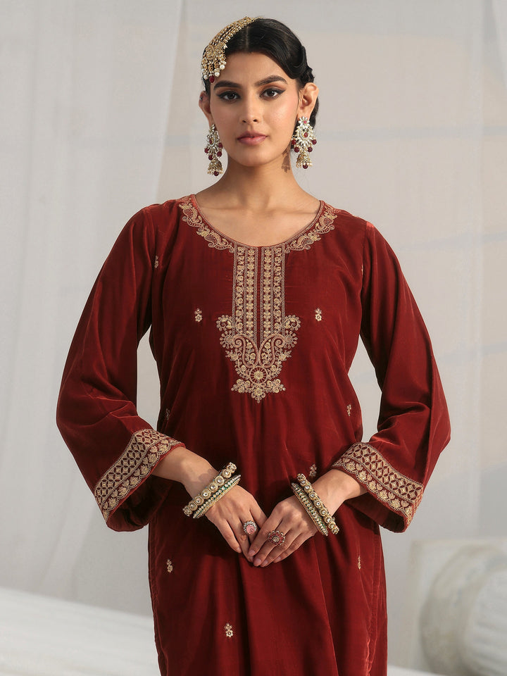 Libas Rust Brown Floral Embroidered Velvet Straight Suit Set