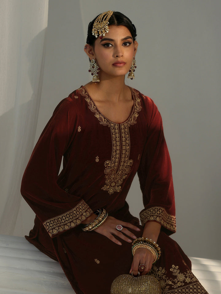 Libas Rust Brown Floral Embroidered Velvet Straight Suit Set