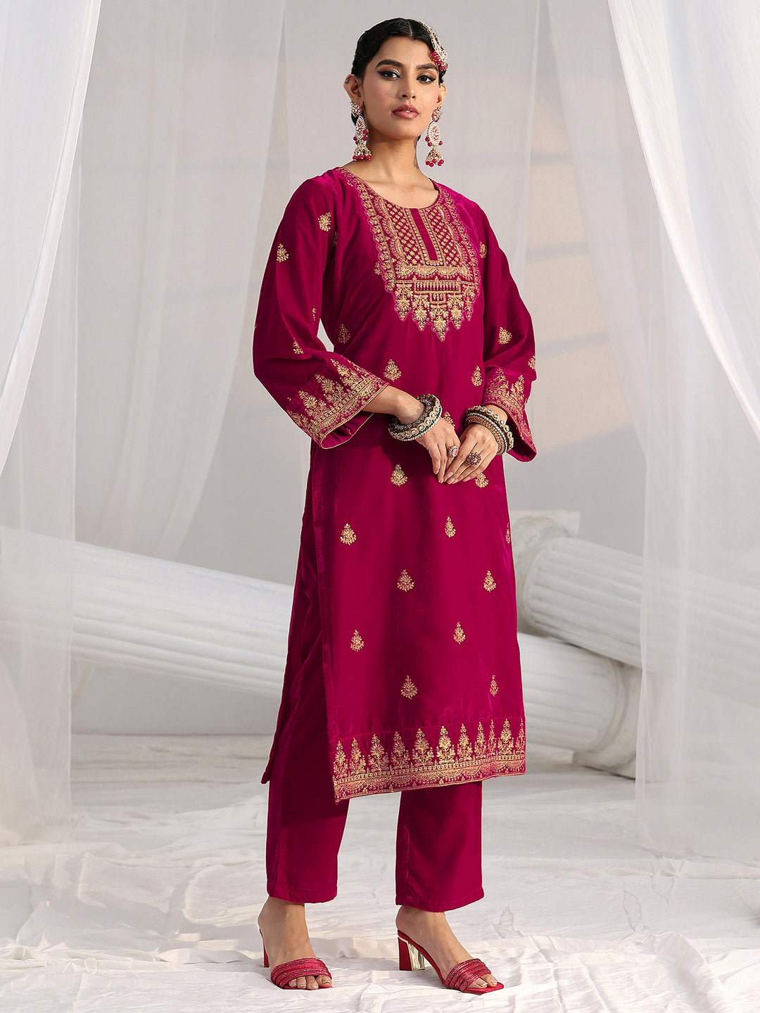 Libas Crimson Red Floral Embroidered Velvet Straight Suit Set