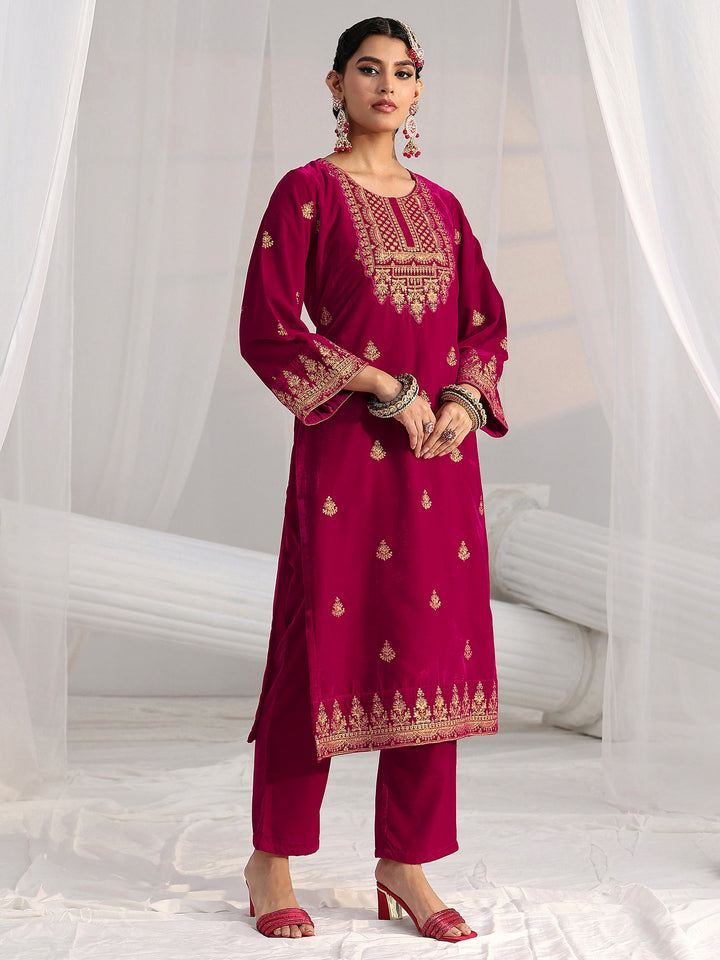 Libas Crimson Red Floral Embroidered Velvet Straight Suit Set