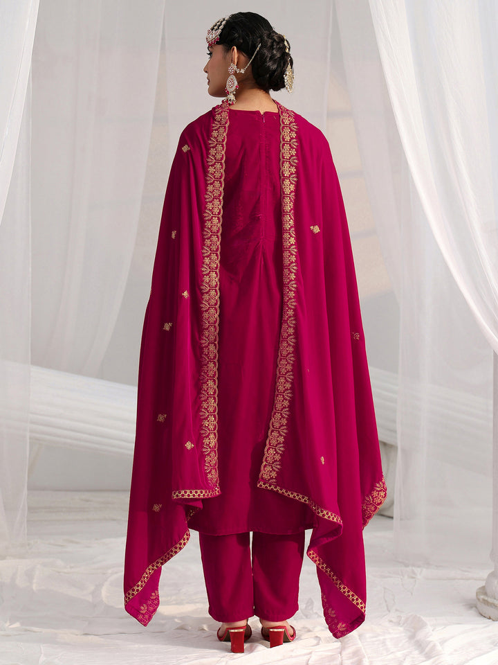 Libas Crimson Red Floral Embroidered Velvet Straight Suit Set
