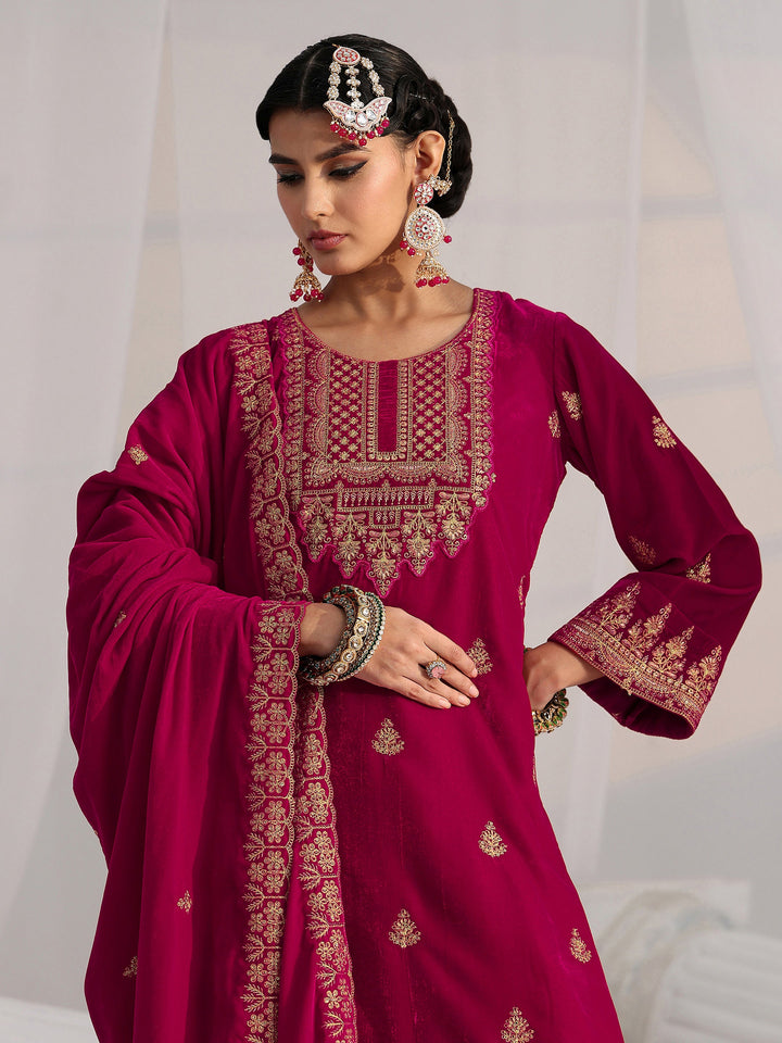 Libas Crimson Red Floral Embroidered Velvet Straight Suit Set
