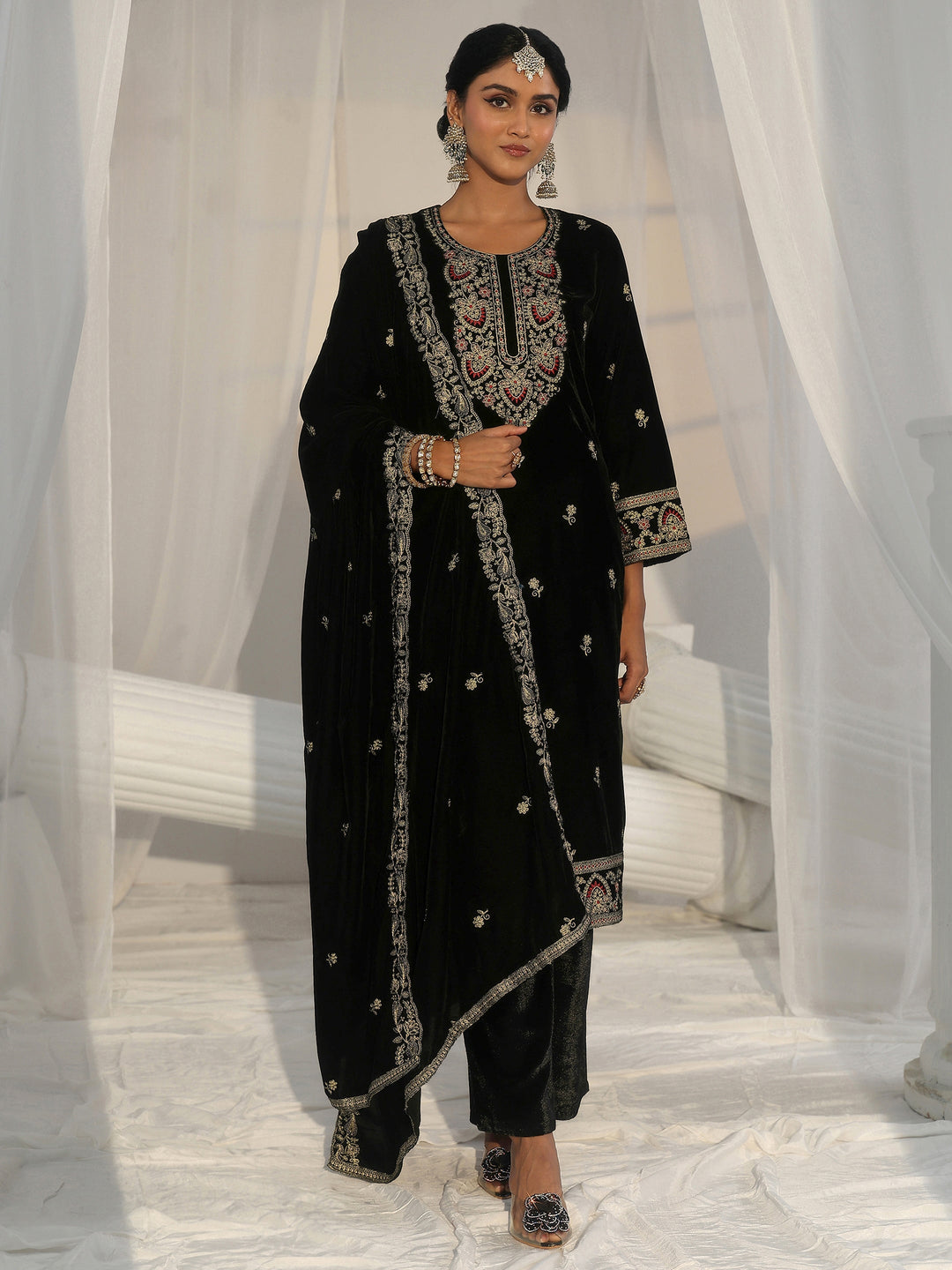 Libas Black Ethnic Embroidered Velvet Straight Suit Set