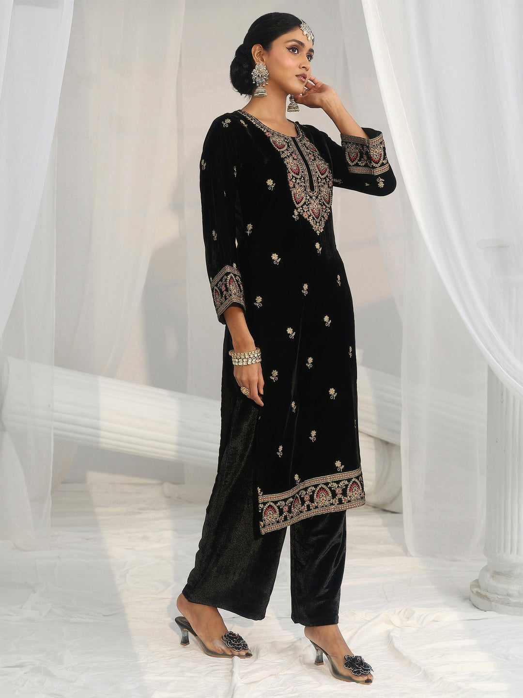 Libas Black Ethnic Embroidered Velvet Straight Suit Set