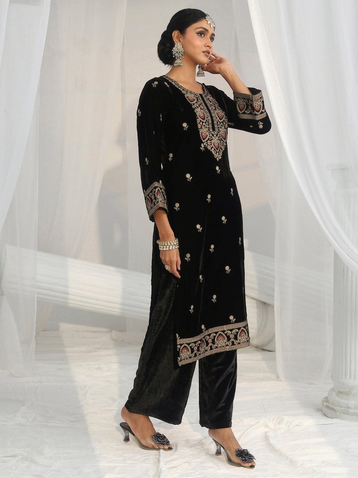 Libas Black Ethnic Embroidered Velvet Straight Suit Set