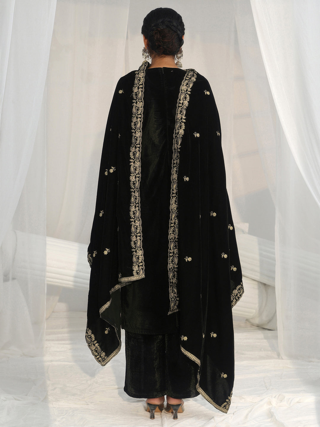 Libas Black Ethnic Embroidered Velvet Straight Suit Set