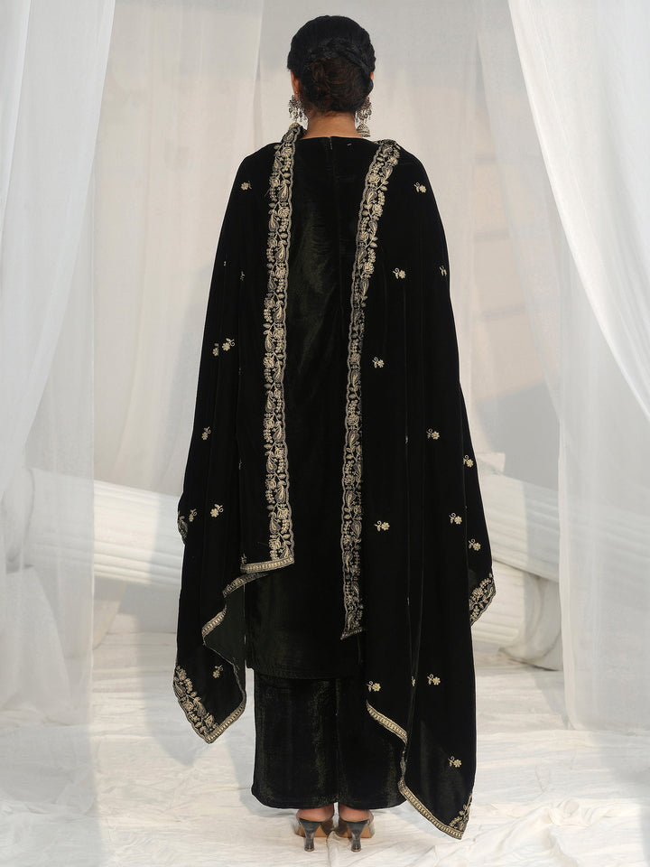 Libas Black Ethnic Embroidered Velvet Straight Suit Set