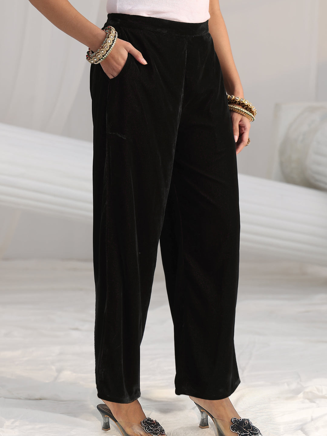 Libas Black Ethnic Embroidered Velvet Straight Suit Set