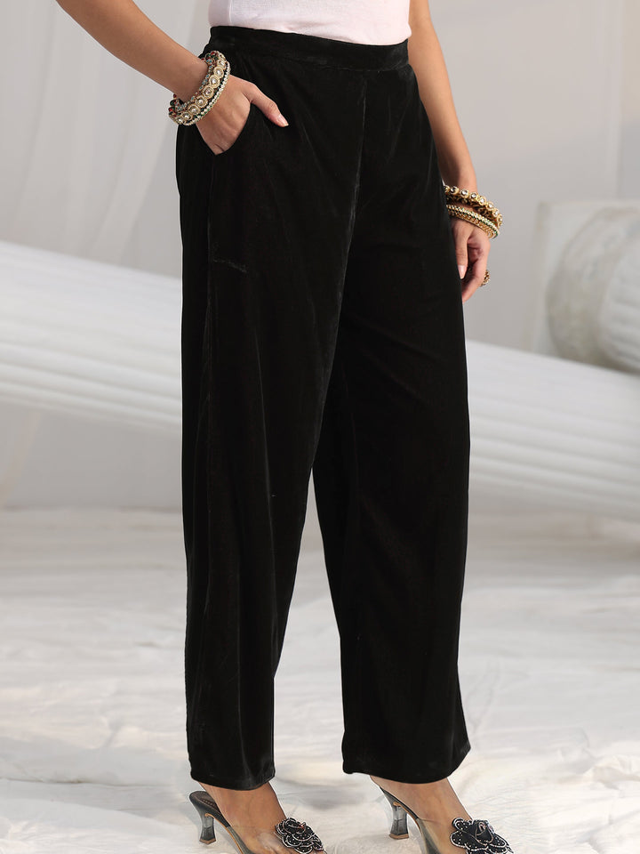 Libas Black Ethnic Embroidered Velvet Straight Suit Set