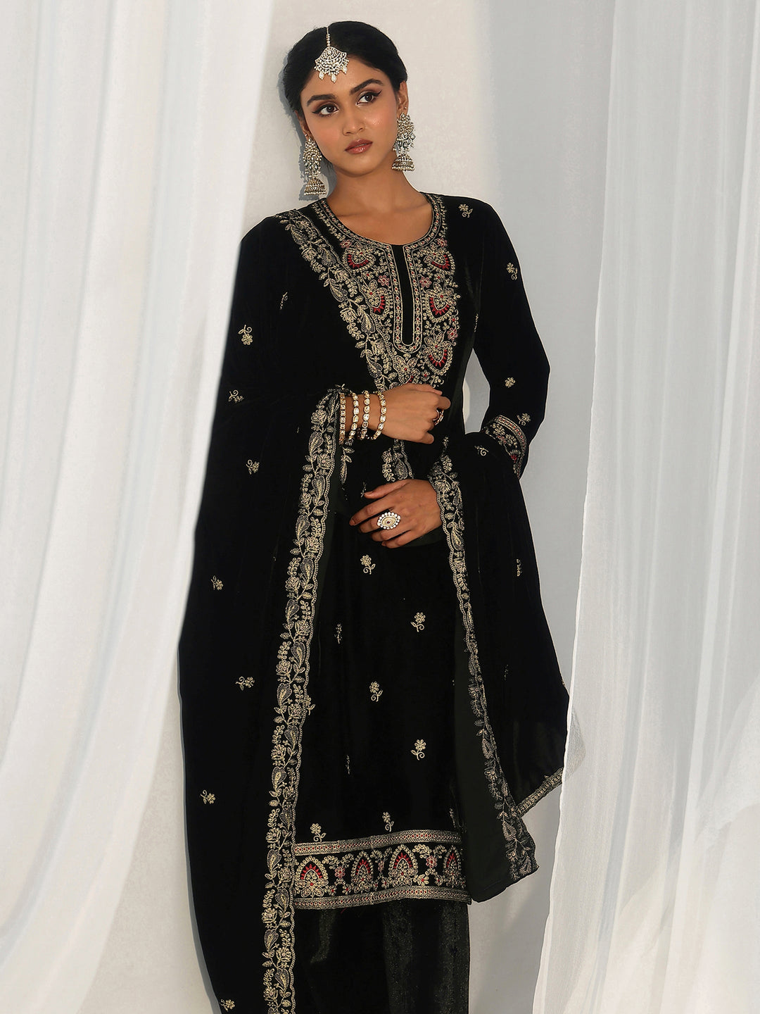 Libas Black Ethnic Embroidered Velvet Straight Suit Set