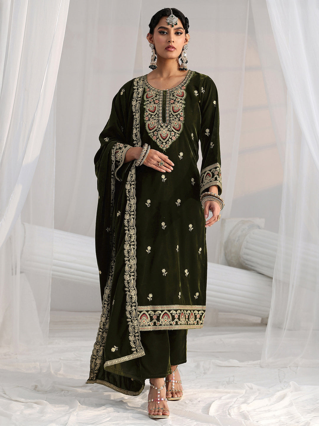 Libas Forest Green Ethnic Embroidered Velvet Straight Suit Set