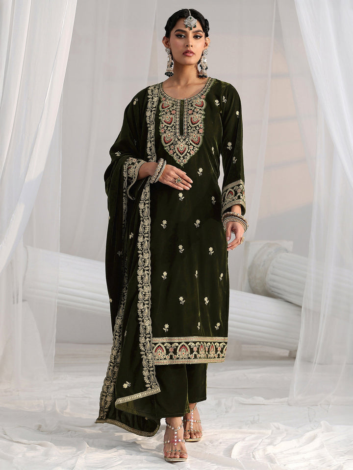 Libas Forest Green Ethnic Embroidered Velvet Straight Suit Set