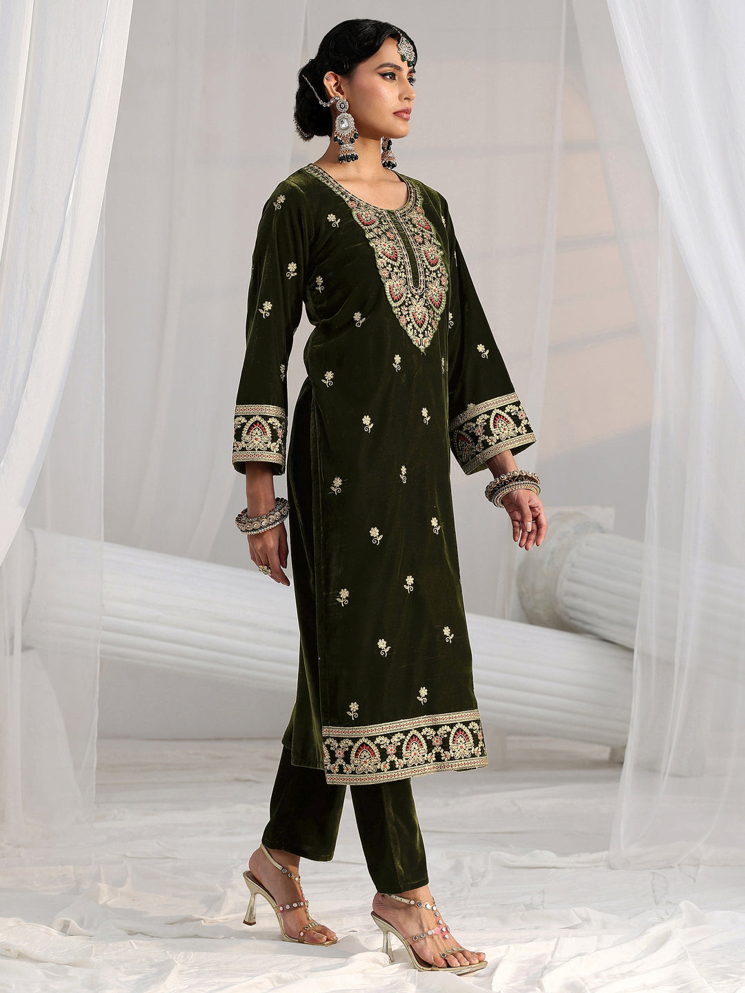 Libas Forest Green Ethnic Embroidered Velvet Straight Suit Set