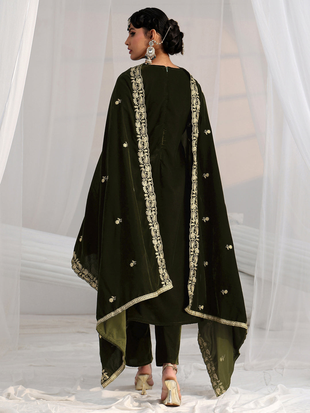 Libas Forest Green Ethnic Embroidered Velvet Straight Suit Set