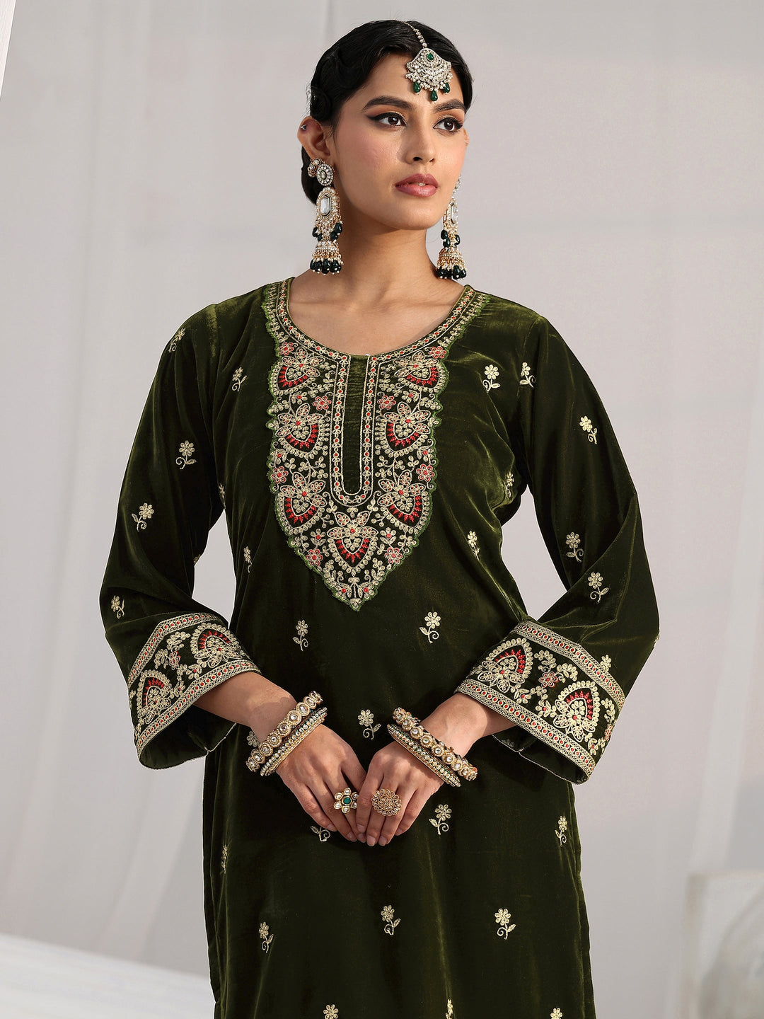 Libas Forest Green Ethnic Embroidered Velvet Straight Suit Set