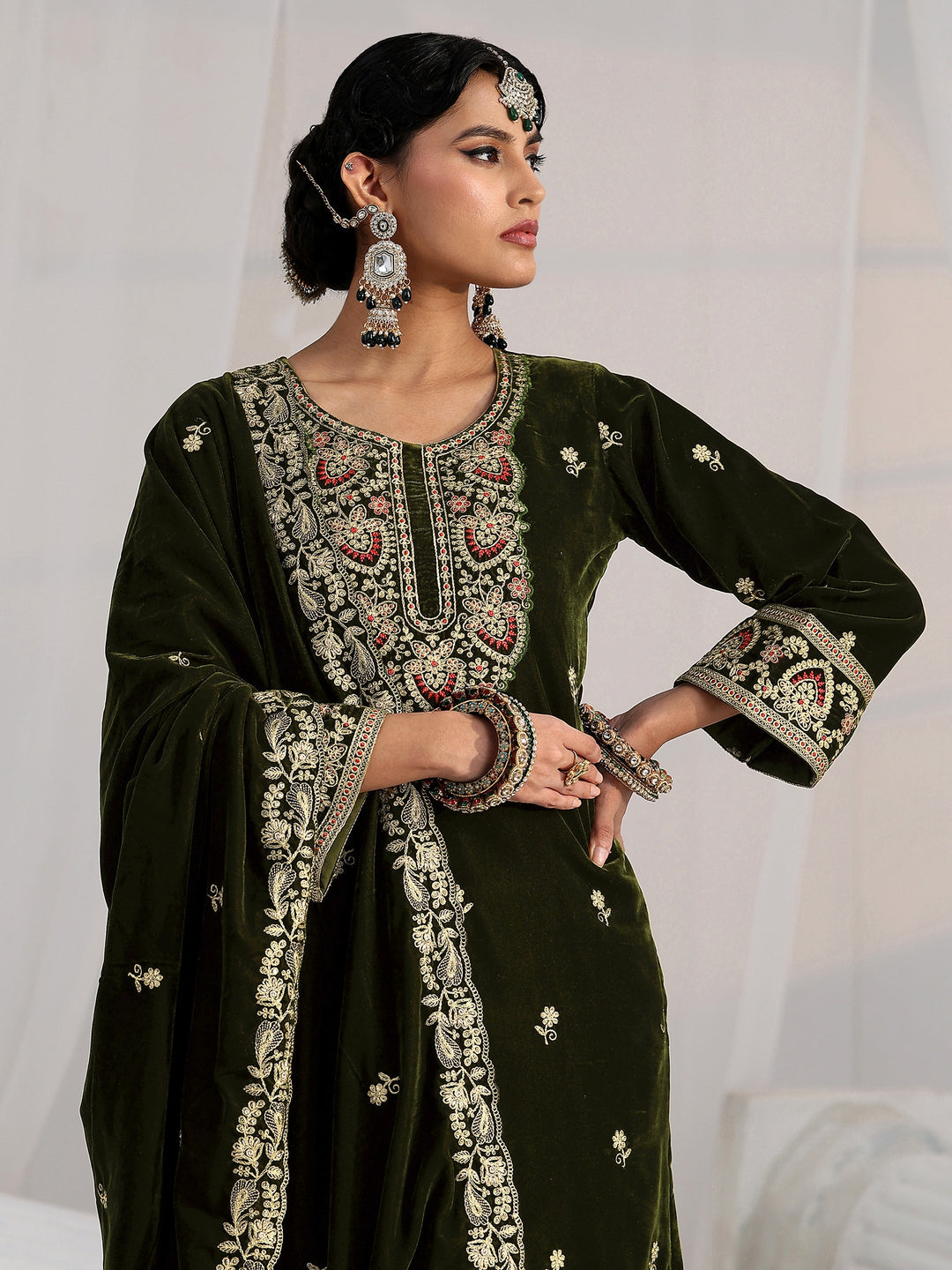 Libas Forest Green Ethnic Embroidered Velvet Straight Suit Set