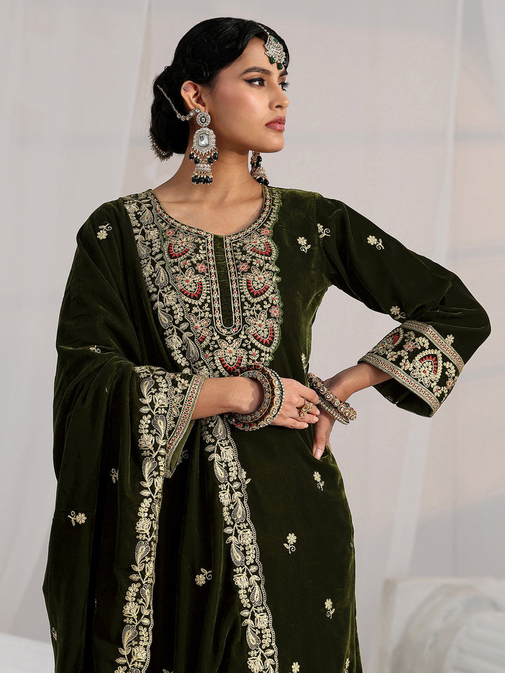 Libas Forest Green Ethnic Embroidered Velvet Straight Suit Set