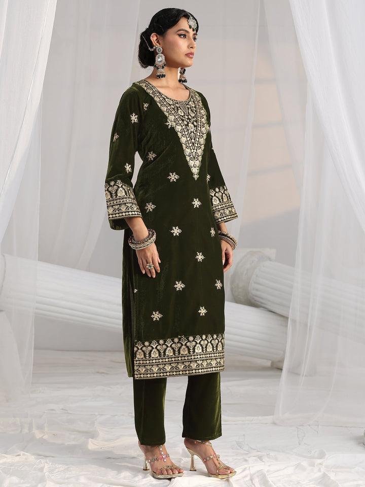Libas Forest Green Yoke Design Velvet Straight Suit Set