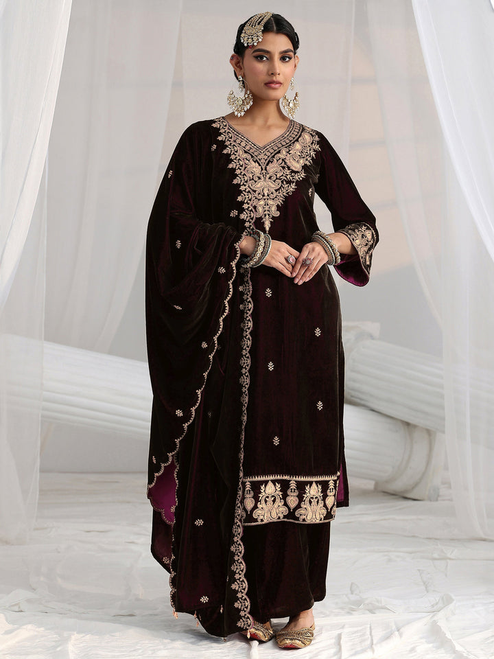 Libas Burgundy Yoke Design Velvet Straight Suit Set