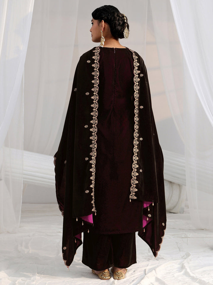 Libas Burgundy Yoke Design Velvet Straight Suit Set