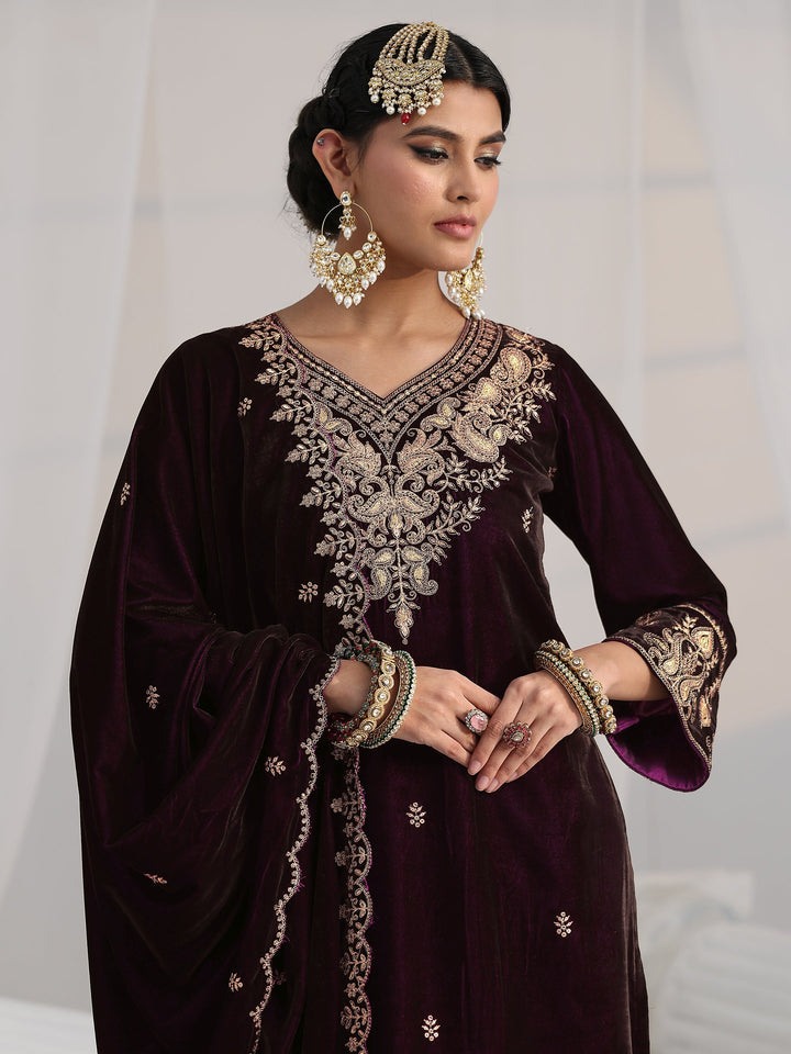 Libas Burgundy Yoke Design Velvet Straight Suit Set