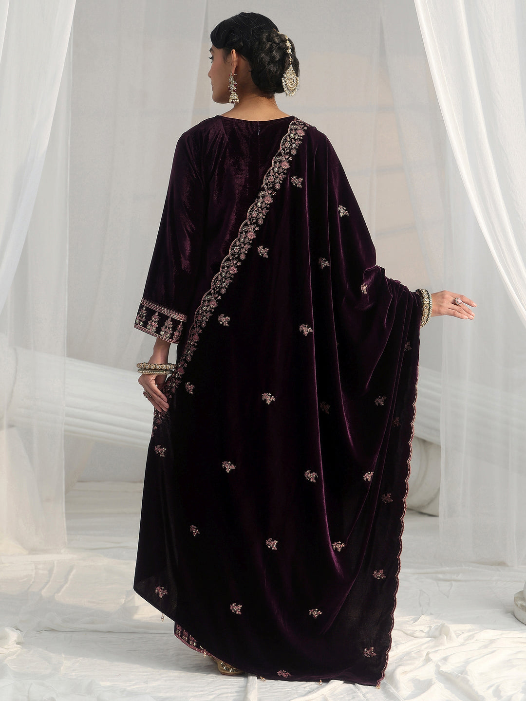 Libas Deep Plum Purple Floral Embellished Velvet Straight Suit Set