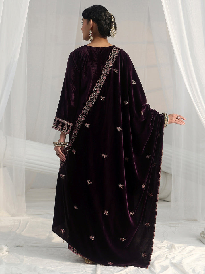 Libas Deep Plum Purple Floral Embellished Velvet Straight Suit Set