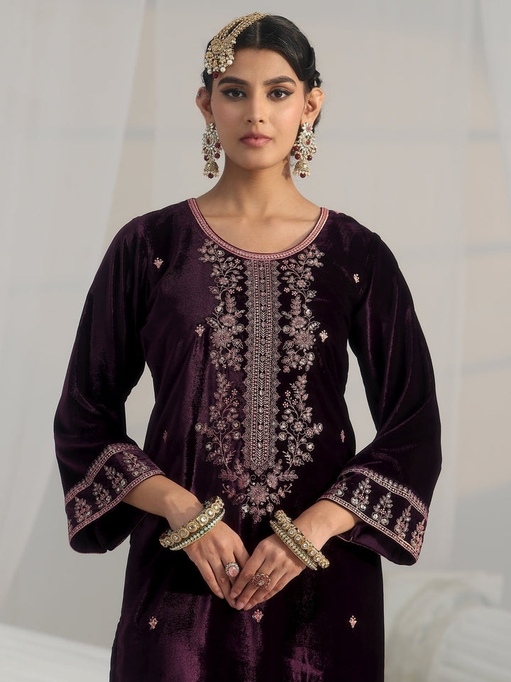 Libas Deep Plum Purple Floral Embellished Velvet Straight Suit Set
