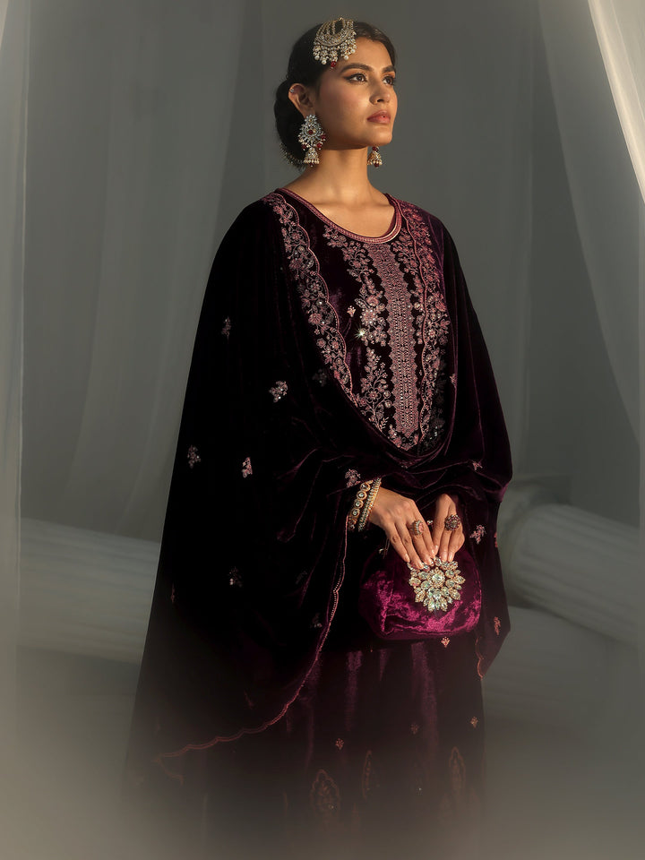 Libas Deep Plum Purple Floral Embellished Velvet Straight Suit Set