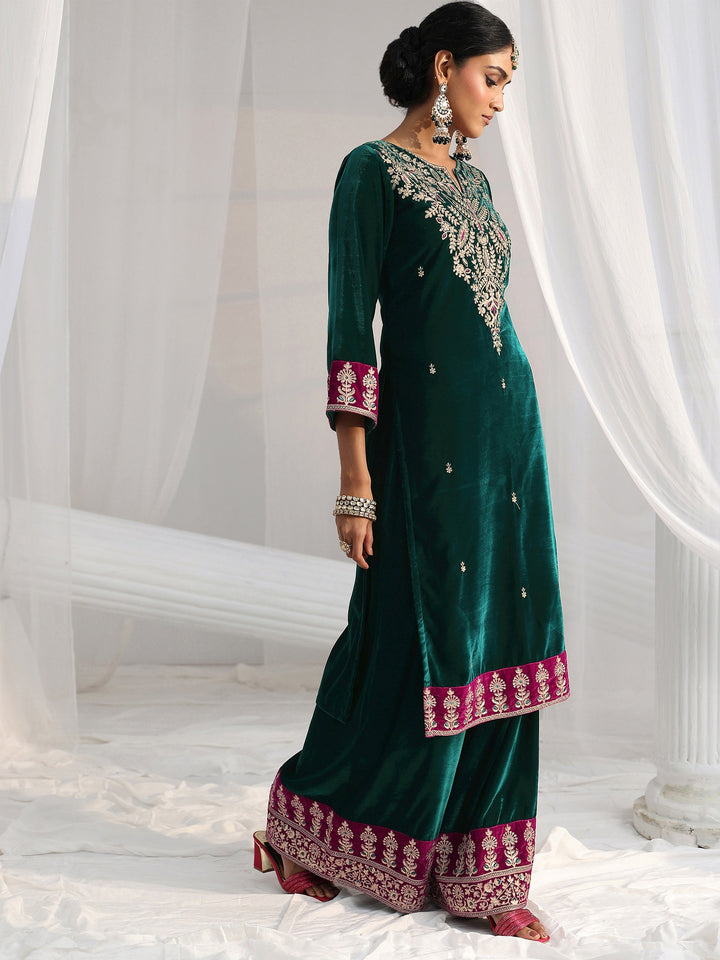 Libas Teal Green Yoke Design Velvet Straight Suit Set