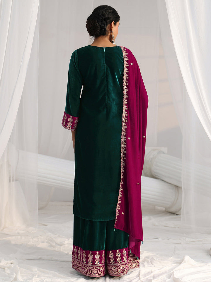 Libas Teal Green Yoke Design Velvet Straight Suit Set