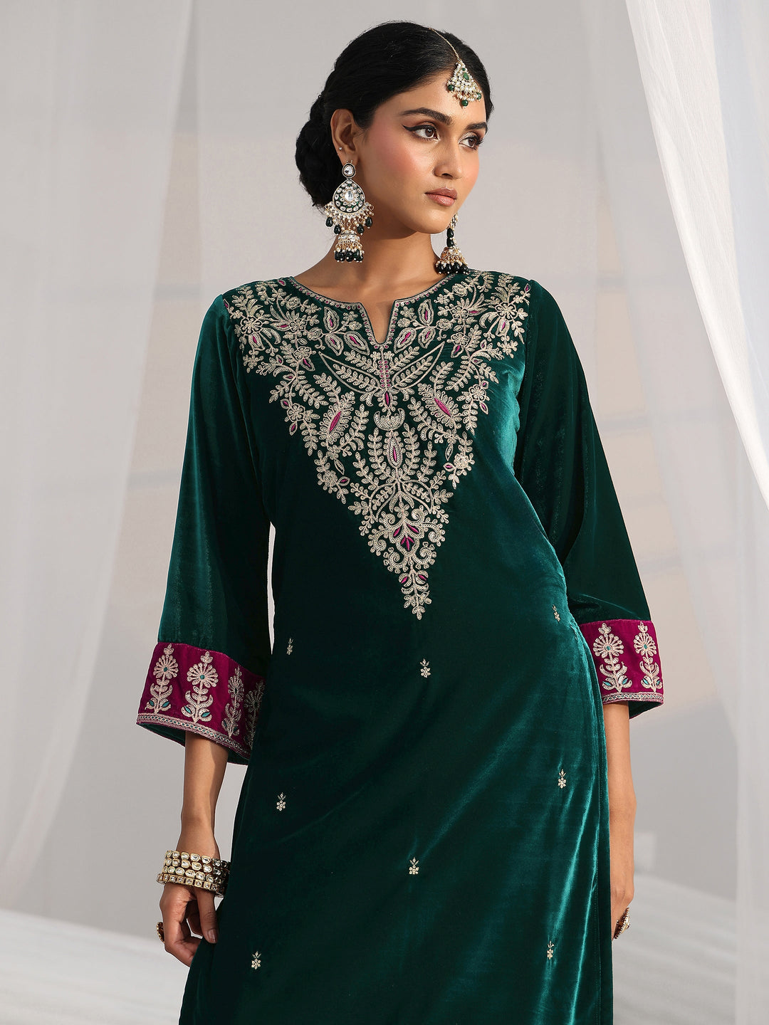 Libas Teal Green Yoke Design Velvet Straight Suit Set
