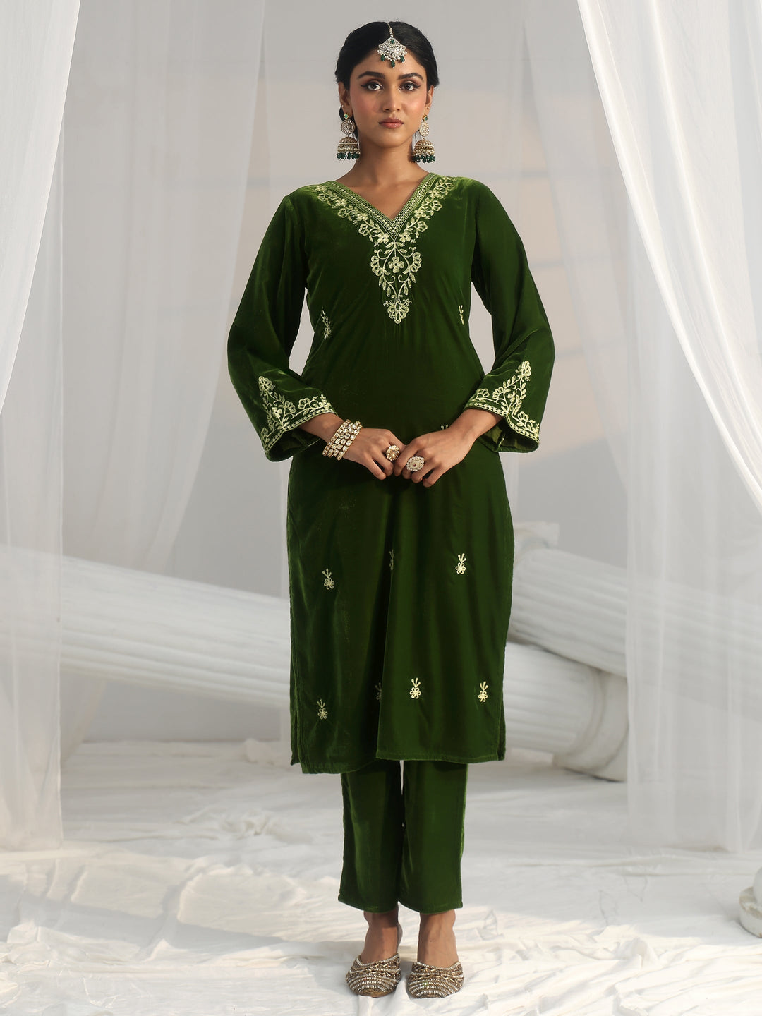 Libas Emerald Green Ethnic Embroidered Velvet Straight Suit Set