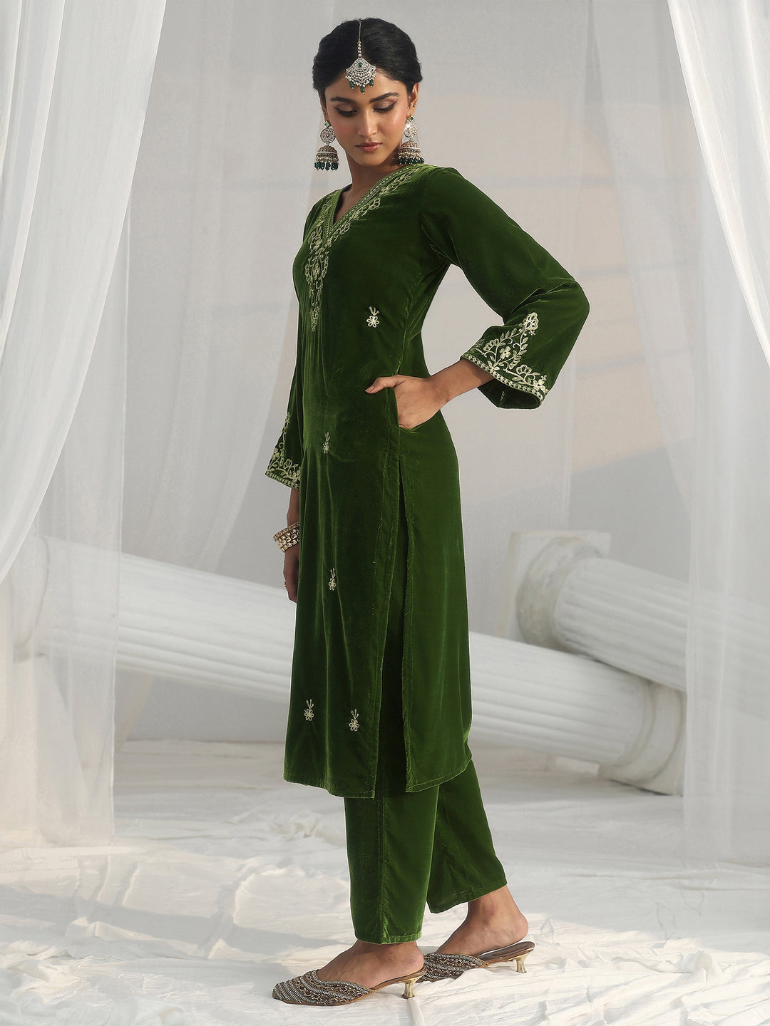 Libas Emerald Green Ethnic Embroidered Velvet Straight Suit Set