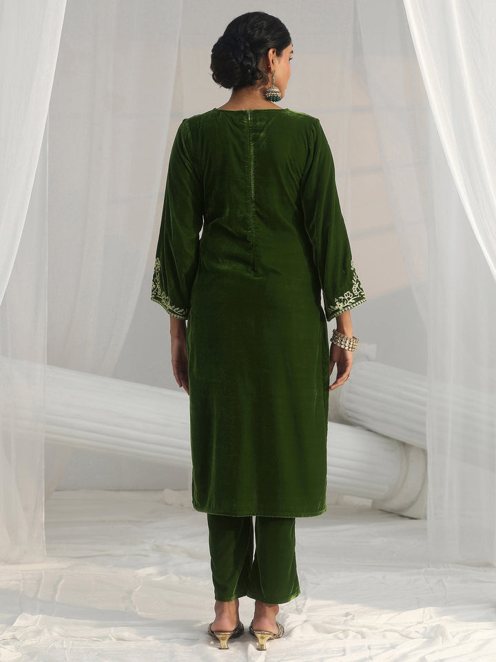 Libas Emerald Green Ethnic Embroidered Velvet Straight Suit Set