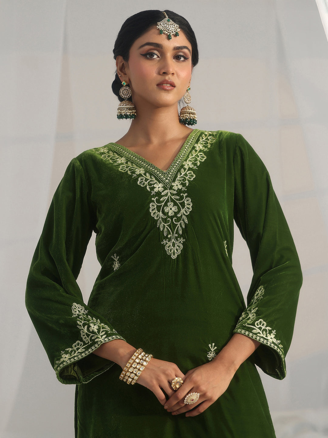 Libas Emerald Green Ethnic Embroidered Velvet Straight Suit Set