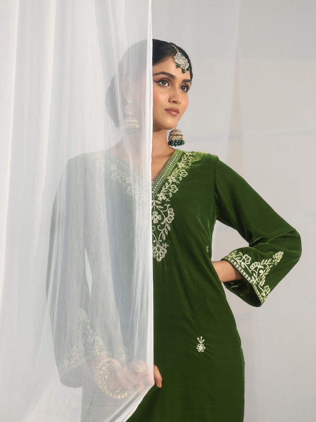 Libas Emerald Green Ethnic Embroidered Velvet Straight Suit Set
