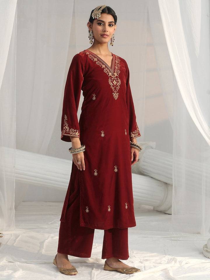 Libas Rust Brown Foral Embroidered Velvet Straight Suit Set
