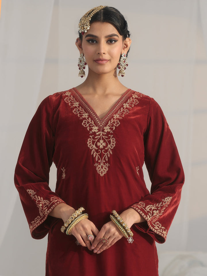 Libas Rust Brown Foral Embroidered Velvet Straight Suit Set
