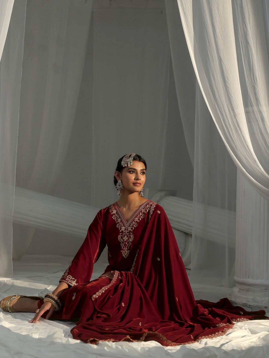 Libas Rust Brown Foral Embroidered Velvet Straight Suit Set
