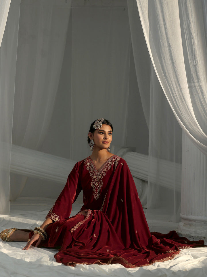 Libas Rust Brown Foral Embroidered Velvet Straight Suit Set