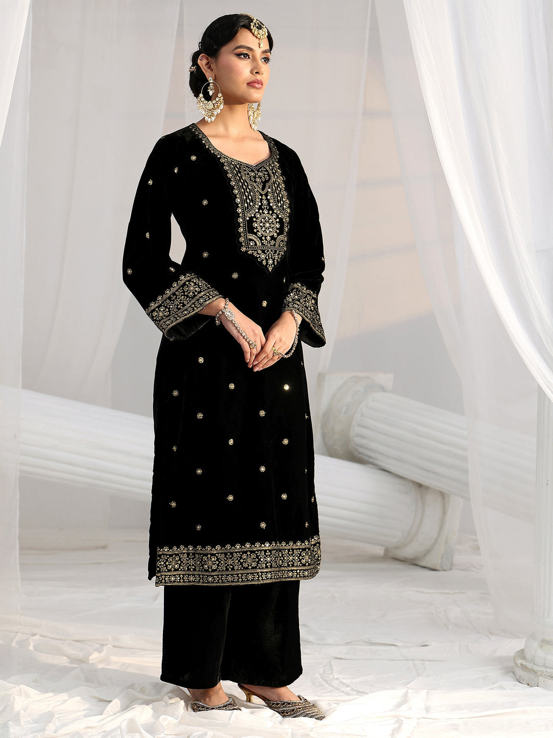 Libas Black Embroidered Velvet Straight Suit Set