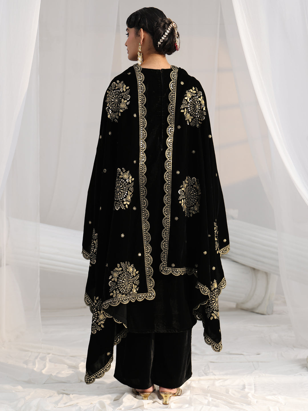 Libas Black Embroidered Velvet Straight Suit Set